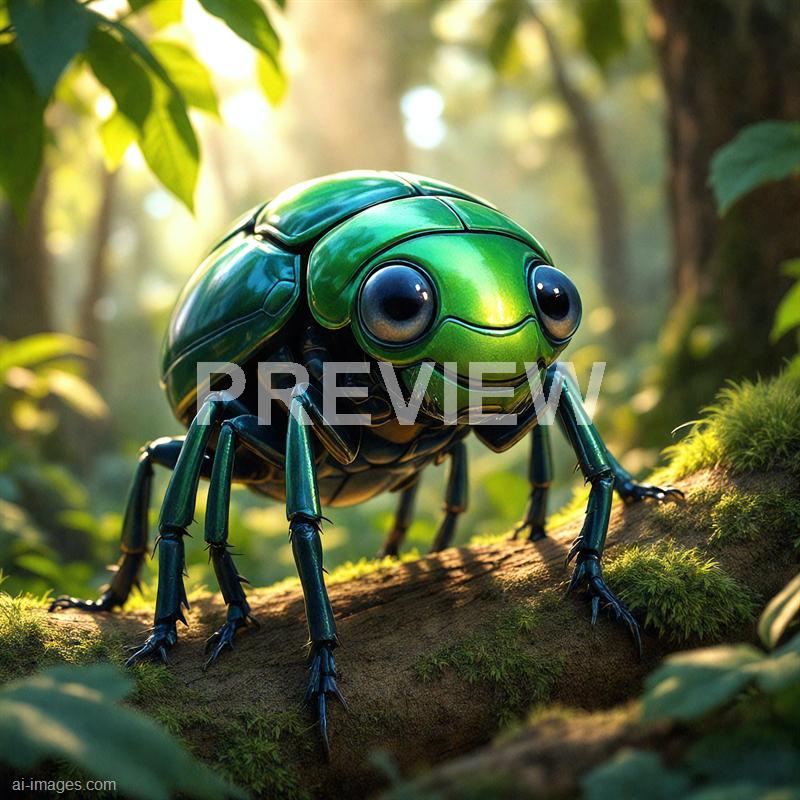 The image features a highly detailed, animated-looking creature resembling a combination of a beetle and a frog, with a shiny, vibrant green shell and large, expressive black eyes. It is positioned on a moss-covered tree branch in a lush forest, illuminated by soft sunlight filtering through the leaves above. The background is blurred, emphasizing the creature as the primary focus while showcasing the natural environment around it.